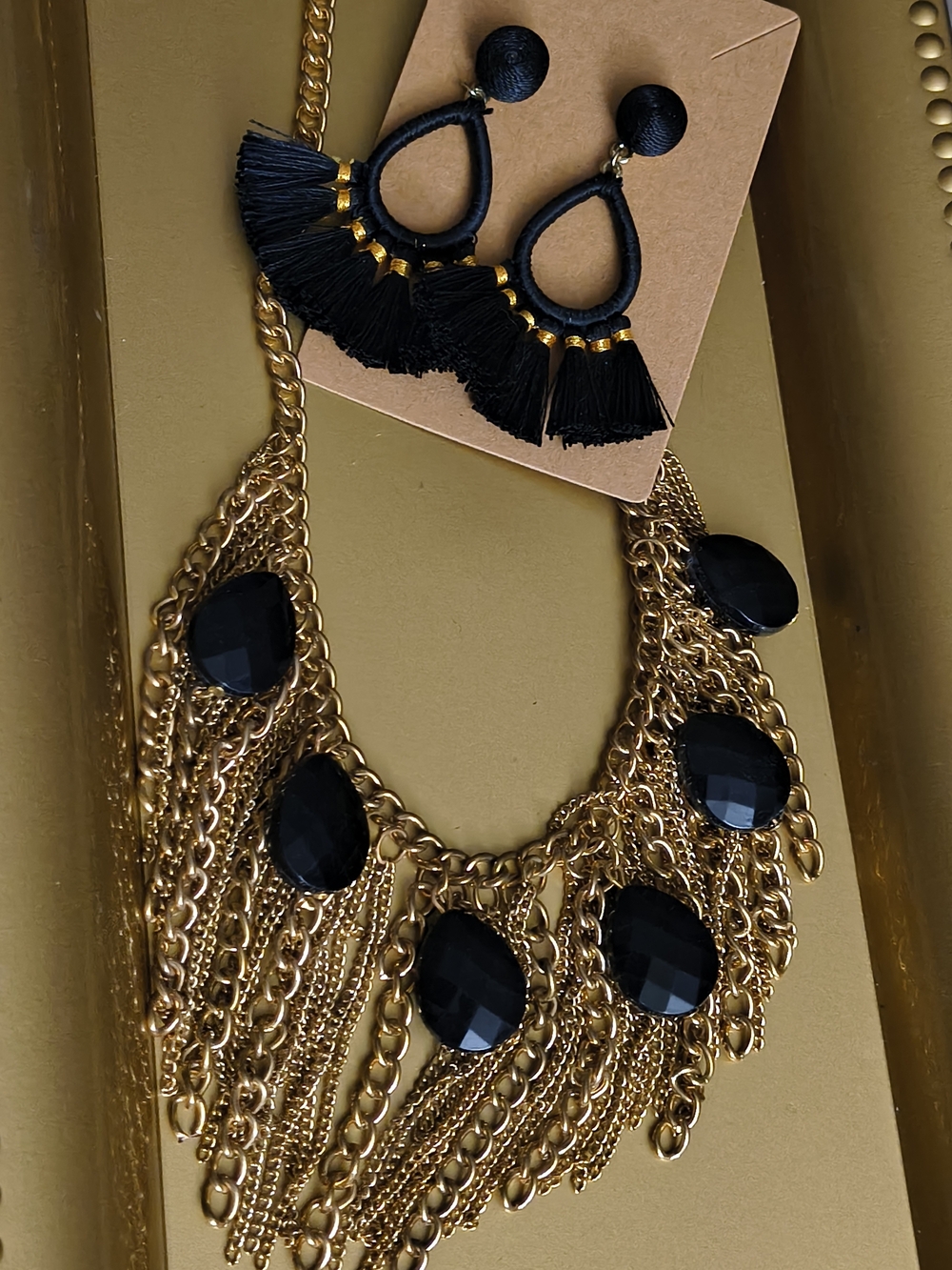 Gold Chain Fringe Necklace with Black Gem Accents and Tassel Earrings